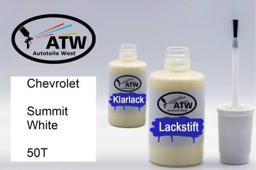 Chevrolet, Summit White, 50T: 20ml Lackstift + 20ml Klarlack - Set, von ATW Autoteile West.